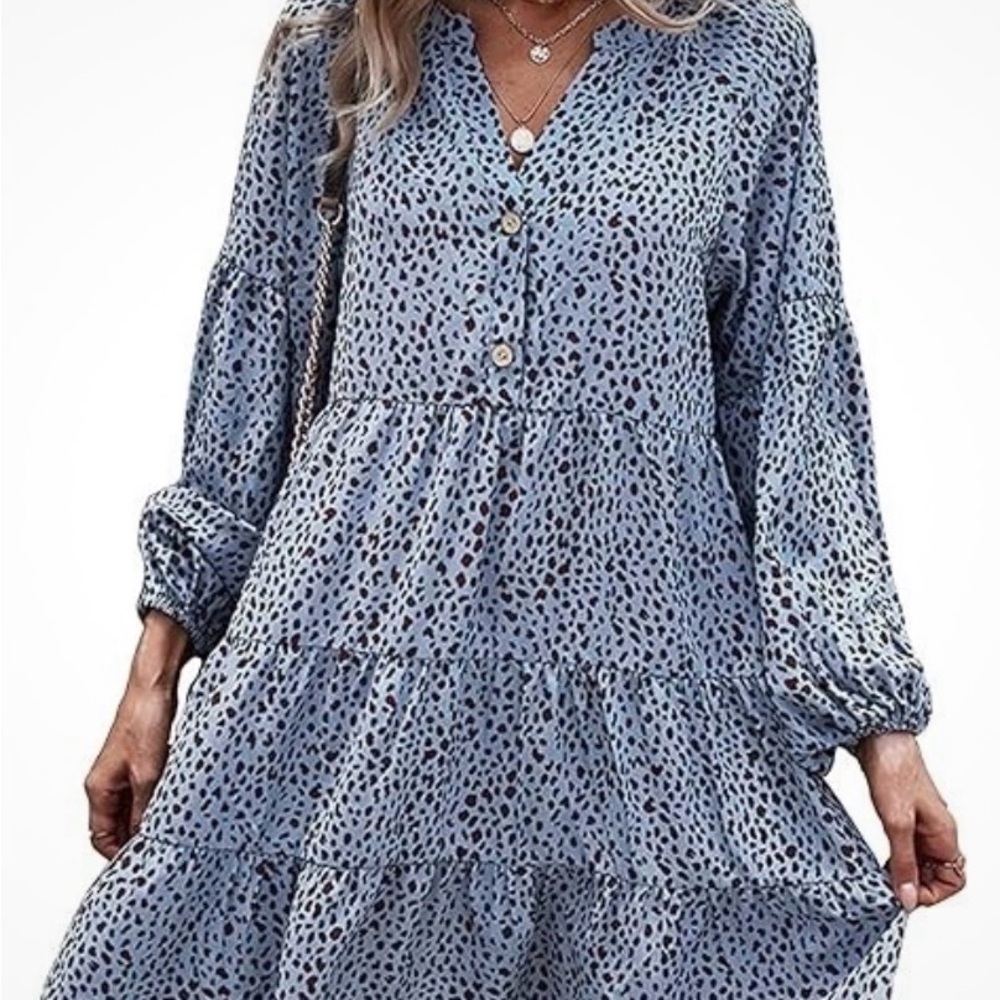 Blue Printed Long-Sleeve Tiered V-Neck Women's Dress